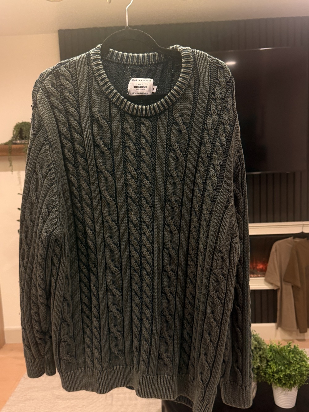 Jiberish Acid Wash Rocky Mountains Emerald/Green Cable Knit Sweater Men’s Large